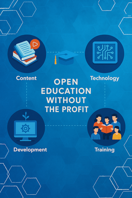 Diagram with four sections (Training, Content, Development, Technology) radiating from a central book icon, labeled "Open Education Without the Profit".