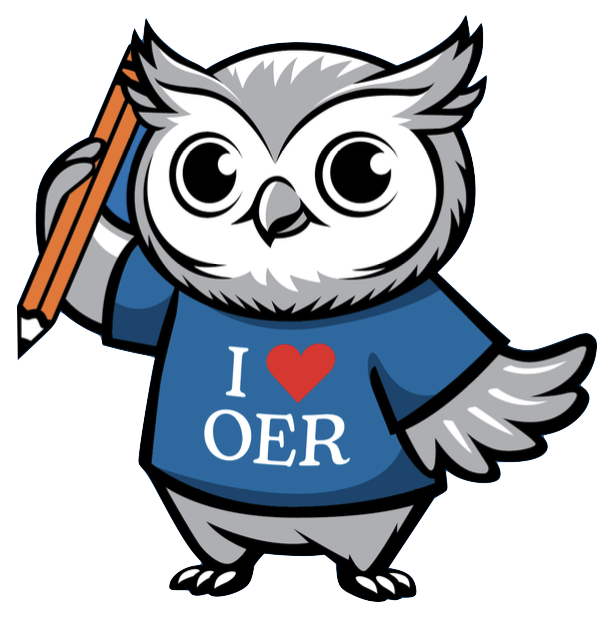 Benny the owl in blue t-shirt with I heart OER