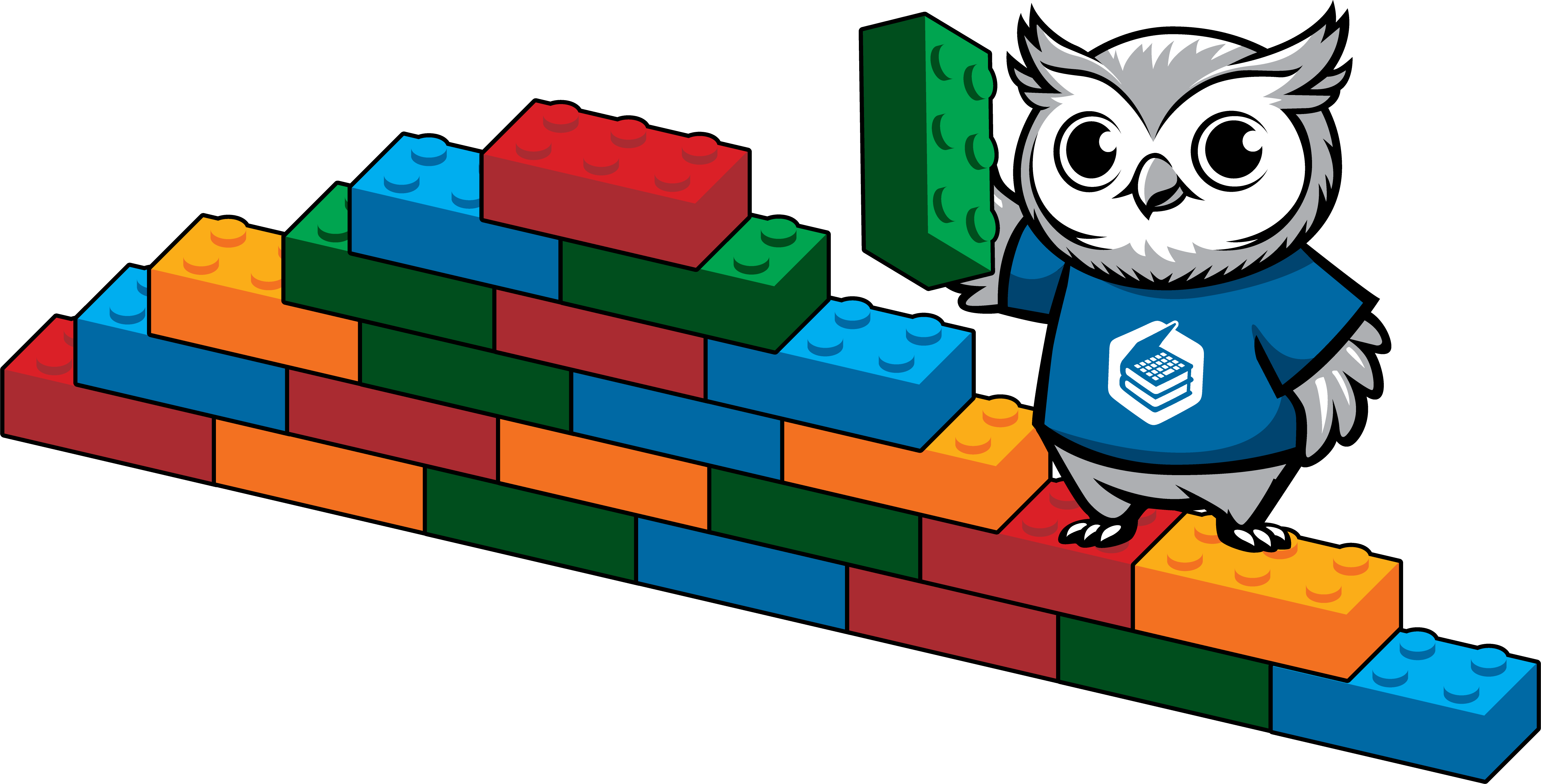 gray owl building with colorful bricks