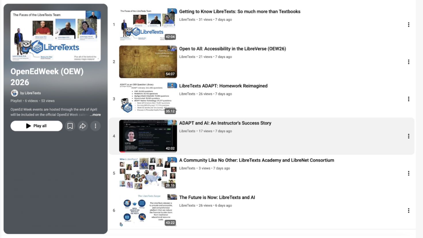 Screenshot of LibreTexts OpenEd Week 2026 video playlist on YouTube