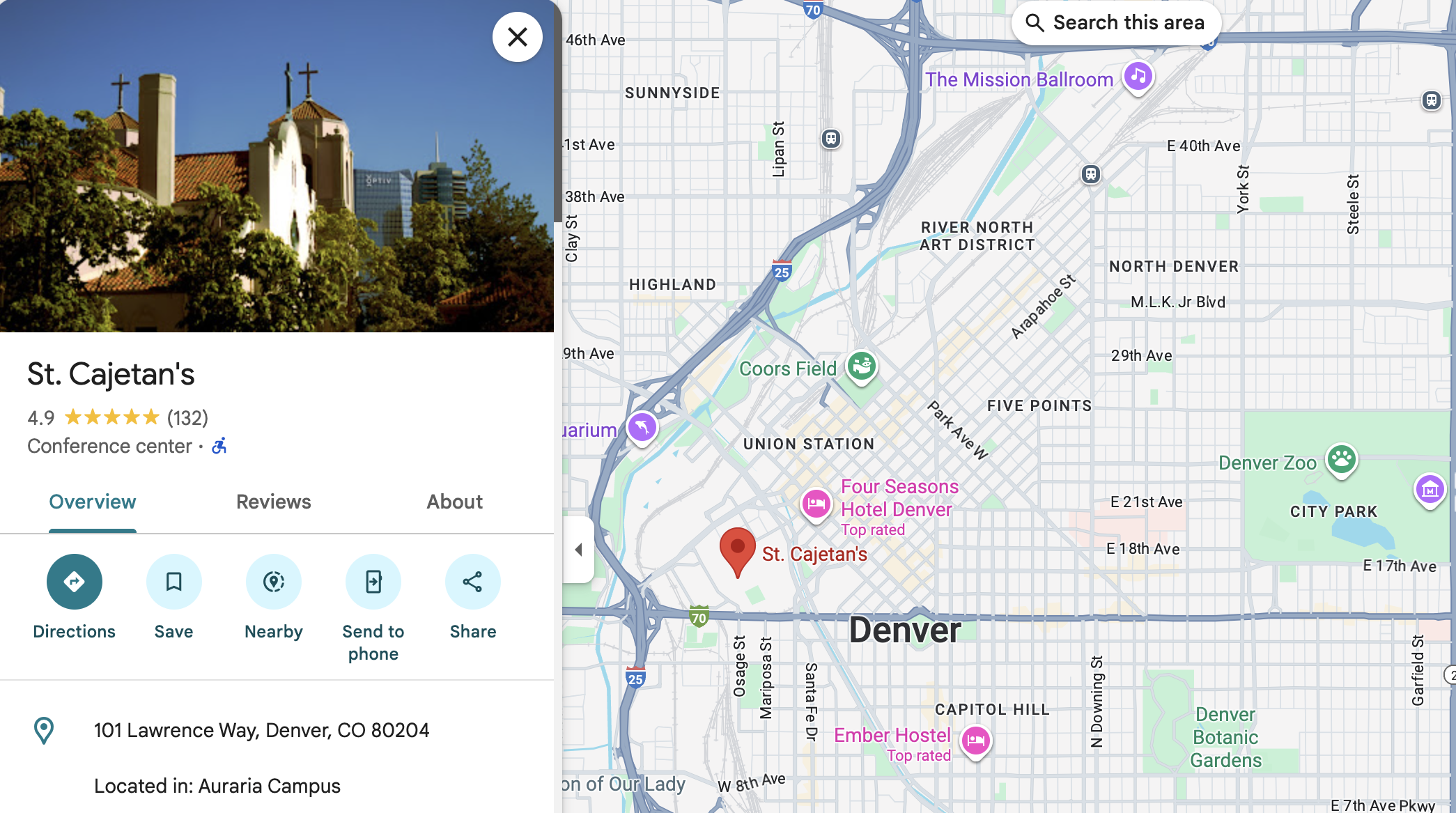 Map of location of St. Cajetan's in Denver, CO