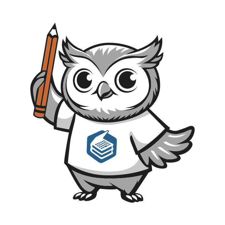 Owl mascot wearing a white t-shirt with libretexts logo and holding a yellow pencil