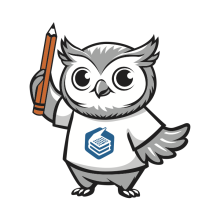 owl with pencil and a white t-shirt with libretexts logo in blue